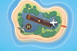 Widok z lotu ptaka na małą, zalesioną wyspę z pasem startowym, lądowiskiem dla helikopterów i samolotem