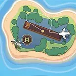 Widok z lotu ptaka na małą, zalesioną wyspę z pasem startowym, lądowiskiem dla helikopterów i samolotem