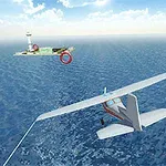 Mały samolot lecący nad morzem w kierunku niewielkiej wyspy z wieżą kontrolną