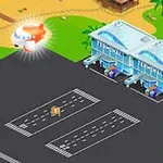 Samolot nad lotniskiem z terminalami i pasami startowymi w scenerii nadmorskiej z plażą i palmami