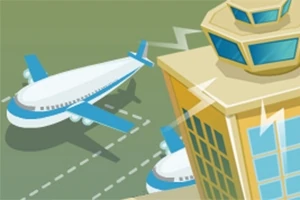 Wieża kontrolna i dwa samoloty na pasie startowym na lotnisku w stylu kreskówkowym