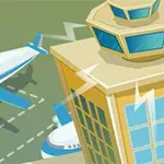 Wieża kontrolna i dwa samoloty na pasie startowym na lotnisku w stylu kreskówkowym