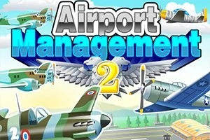 Kolorowa ilustracja z różnymi samolotami na niebie i napisem „Airport Management 2” na tle chmur i pasów startowych