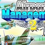 Kolorowa ilustracja z różnymi samolotami na niebie i napisem „Airport Management 2” na tle chmur i pasów startowych