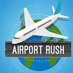 Samolot lecący nad globusem z napisem Airport Rush na tle niebieskiego nieba