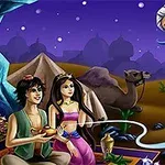 Para z lampą i dżinem w scenerii pustynnej o zachodzie słońca, z wielbłądem w tle