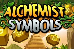 Napis Alchemist Symbols otoczony zielonymi liśćmi i złotymi symbolami na tle przypominającym starożytną świątynię