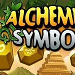 Napis Alchemist Symbols otoczony zielonymi liśćmi i złotymi symbolami na tle przypominającym starożytną świątynię