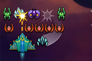 Statek kosmiczny strzelający do szeregu kolorowych, obcych przeciwników na tle kosmosu