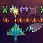 Statek kosmiczny strzelający do szeregu kolorowych, obcych przeciwników na tle kosmosu