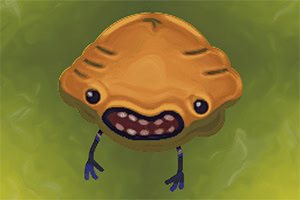 Postać przypominająca pomarańczową muszlę z oczami i szerokim uśmiechem na zielonym tle