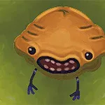 Postać przypominająca pomarańczową muszlę z oczami i szerokim uśmiechem na zielonym tle