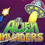 Postać w kosmicznym stroju strzelająca w kierunku latających spodków z tytułem Alien Invaders na tle kosmosu