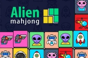 Kolorowe kafelki z motywami kosmitów i technologii na ciemnym tle, z napisem Alien mahjong