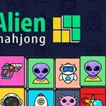 Kolorowe kafelki z motywami kosmitów i technologii na ciemnym tle, z napisem Alien mahjong