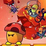 Grupa kolorowych postaci kosmicznych i animowany grzyb na tle czerwonej planety z odłamkami