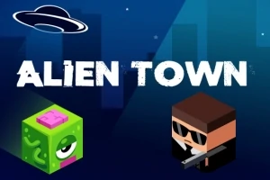 Grafika przedstawia tytuł Alien Town z zielonym kosmitą i postacią z bronią na tle miasta oraz ikoną latającego spodka