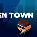 Grafika przedstawia tytuł Alien Town z zielonym kosmitą i postacią z bronią na tle miasta oraz ikoną latającego spodka