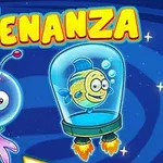 Dwie kreskówkowe postacie obcych: różowa z czterema kończynami w hełmie kosmonauty i żółta ryba w szklanej kapsule, na niebieskim tle z napisem Alienanza