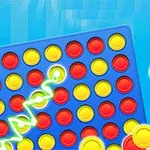 Niebieska plansza z czerwonymi i żółtymi żetonami w układzie pionowym, z zieloną, świetlistą linią łączącą cztery żetony w grze logicznej