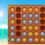 Plansza z brązowego drewna z okrągłymi miejscami wypełnionymi złotymi i srebrnymi żetonami z motywem czaszek, na tle morza i błękitnego nieba