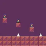 Postać skacząca po czerwonych platformach nad kolcami na fioletowym tle z pułapką w rogu