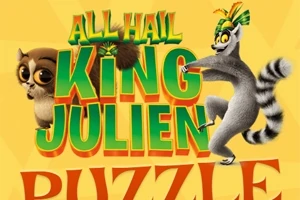 Lemur w koronie i mały lemur na żółtym tle obok kolorowego napisu