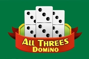 Stos płytek domina na zielonym tle z napisem All Threes Domino na czerwonej wstędze