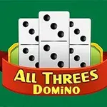 Stos płytek domina na zielonym tle z napisem All Threes Domino na czerwonej wstędze