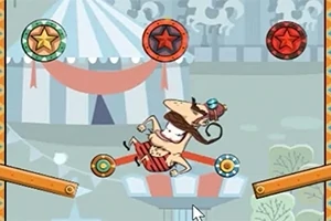 Cyrkowy klaun w cylindrze balansujący na linie z kolorowymi tarczami w tle