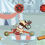 Cyrkowy klaun w cylindrze balansujący na linie z kolorowymi tarczami w tle