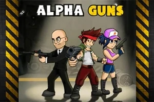 Trzy postacie z bronią, w tym mężczyzna w garniturze, mężczyzna z opaską na głowie i kobieta w czapce, stoją obok siebie na tle napisu Alpha Guns