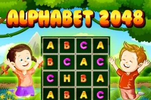 Dwójka dzieci bawiących się obok planszy z kolorowymi literami pod napisem Alphabet 2048 na tle zielonego krajobrazu