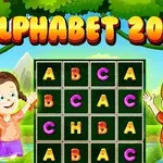 Dwójka dzieci bawiących się obok planszy z kolorowymi literami pod napisem Alphabet 2048 na tle zielonego krajobrazu