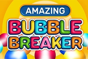Kolorowy napis Amazing Bubble Breaker na żółtym tle z bąbelkami w różnych kolorach na dole