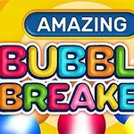 Kolorowy napis Amazing Bubble Breaker na żółtym tle z bąbelkami w różnych kolorach na dole