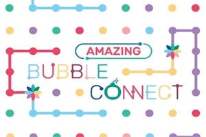 Kolorowe kropki i linie tworzące geometryczne wzory z napisem Amazing Bubble Connect