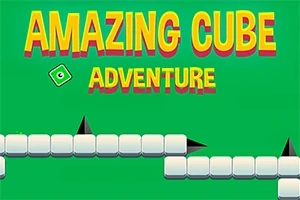 Zielone tło z białymi sześcianami i czarnymi przeszkodami, żółty napis AMAZING CUBE ADVENTURE