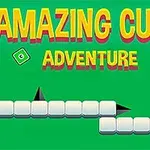Zielone tło z białymi sześcianami i czarnymi przeszkodami, żółty napis AMAZING CUBE ADVENTURE
