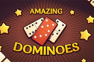 Kolorowe kostki domina na brązowym tle z żółtymi gwiazdami i napisami Amazing Dominoes
