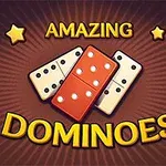 Kolorowe kostki domina na brązowym tle z żółtymi gwiazdami i napisami Amazing Dominoes