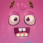 Różowa kreskówkowa postać z wyrazistymi oczami, przerażoną miną i małymi rogami na głowie