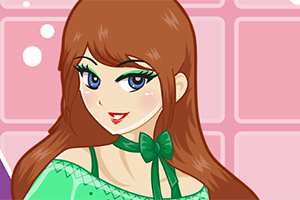 Młoda kobieta z długimi brązowymi włosami, niebieskimi oczami i zieloną sukienką, na tle różowych kafelków