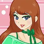 Młoda kobieta z długimi brązowymi włosami, niebieskimi oczami i zieloną sukienką, na tle różowych kafelków