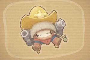 Postać w kapeluszu kowbojskim z dwoma działami na ramionach, trzymająca źdźbło trawy w ustach na tle z płótna