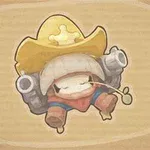 Postać w kapeluszu kowbojskim z dwoma działami na ramionach, trzymająca źdźbło trawy w ustach na tle z płótna