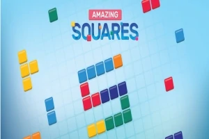 Kolorowe bloki ułożone w różne kształty na niebieskim tle z napisem Amazing Squares