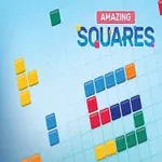 Kolorowe bloki ułożone w różne kształty na niebieskim tle z napisem Amazing Squares