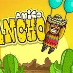 Mężczyzna w sombrero trzymający dwa niebieskie balony, z uśmiechem na tle zachodzącego słońca i kaktusów
