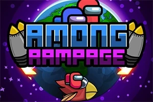 Kolorowa grafika z napisem AMONG RAMPAGE, przedstawiająca dwie postacie, rakiety, planetę Ziemię w tle i czerwonego ptaka